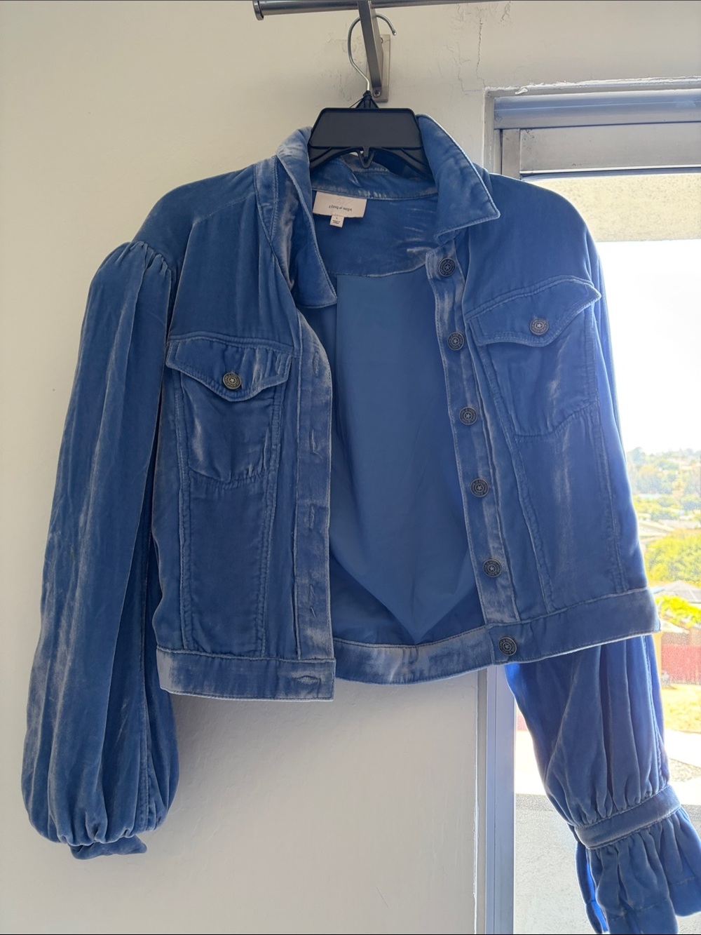 cinq a sept Blue Velvet Puff-Sleeve Jean Jacket actually velvet